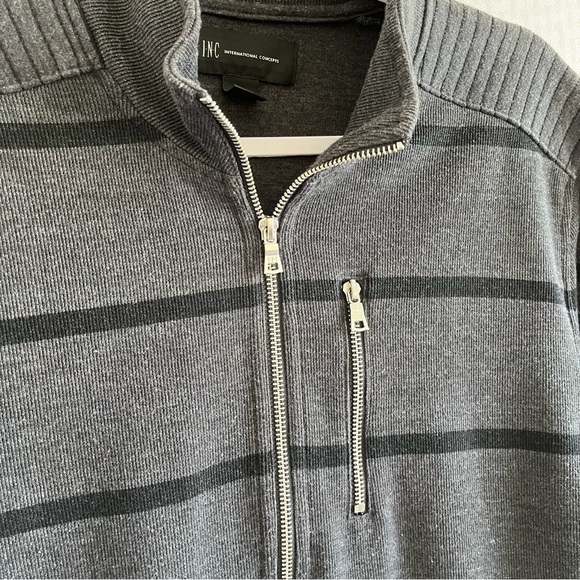 INC International Concepts Full Zip Gray With Black Stripes Sweater Size Large - Picture 4 of 11